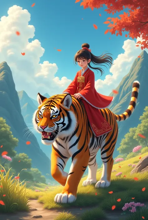 A girl riding on the back of an Asian tiger, wearing red cloth and carrying traditional elements, with glowing eyes. The background is grasslands, forests, mountains, blue sky, white clouds, sunshine, and "HAPPY NEW YEAR". It has exquisite details in the s...