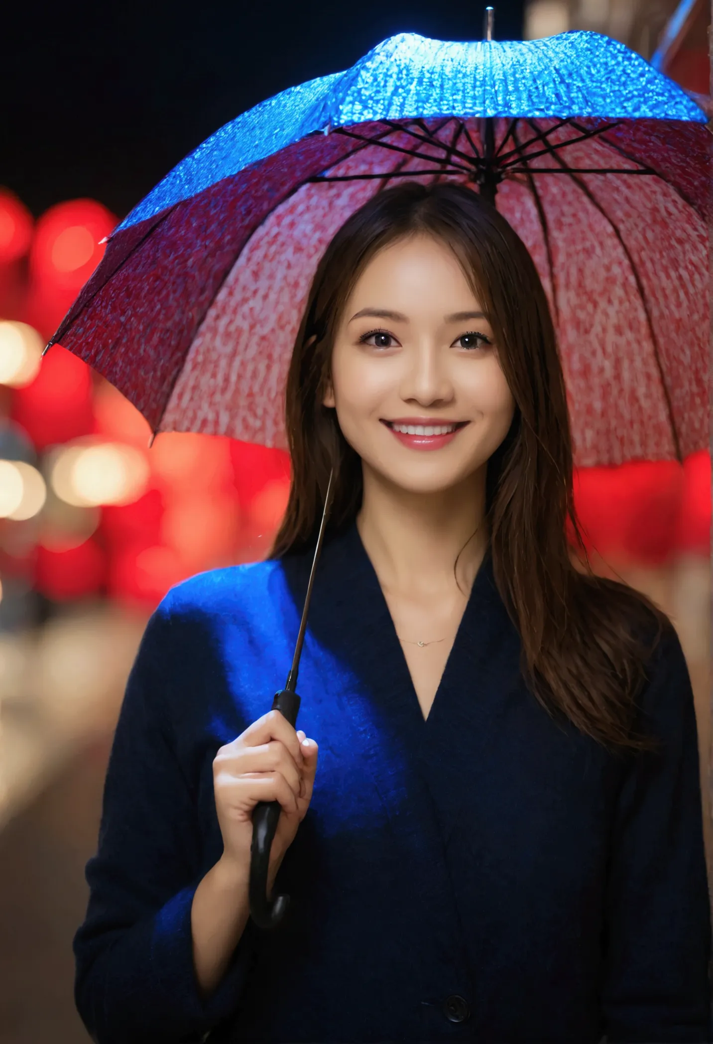 woman, facing the camera, in a digital world illuminated by red and blue lights, smiling while carrying an umbrella.