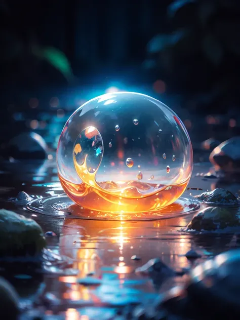 Magical bubbles、Distant view of the lake,Super cute slime,Reflects light,Colorful Bubbles,, super detailed, best quality, soft lighting ,  Fantasy Style ,  bright color