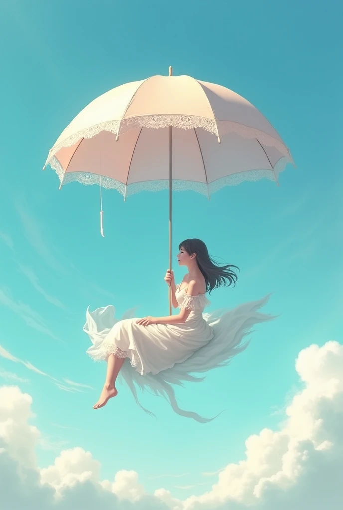 A Woman Seated in an Umbrella 
That floats in the sky 
She is sitting in the umbrella