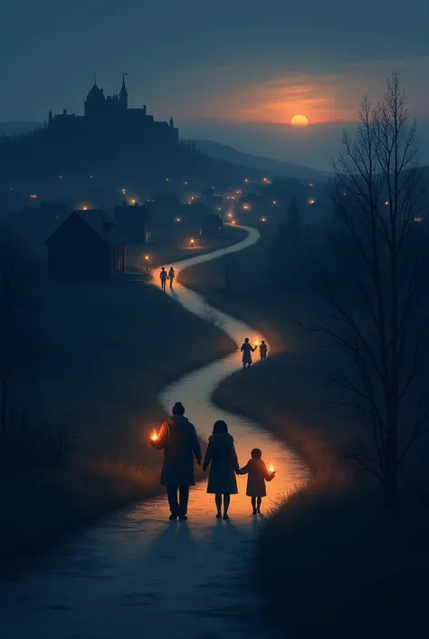 dark sign ,  in the background a silhouette of a small town  (without a castle )  and a path that goes there ,  in which several families carrying candles. It has to cause tenderness . 