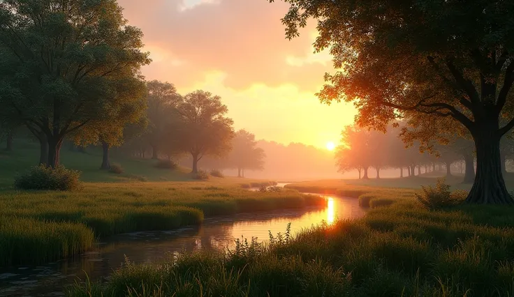 "Create a serene natural landscape during sunset: a peaceful meadow with dense trees in the background, a gentle stream reflecting the golden and orange hues of the evening sky, and soft sunlight filtering through the trees as it sets. The atmosphere shoul...