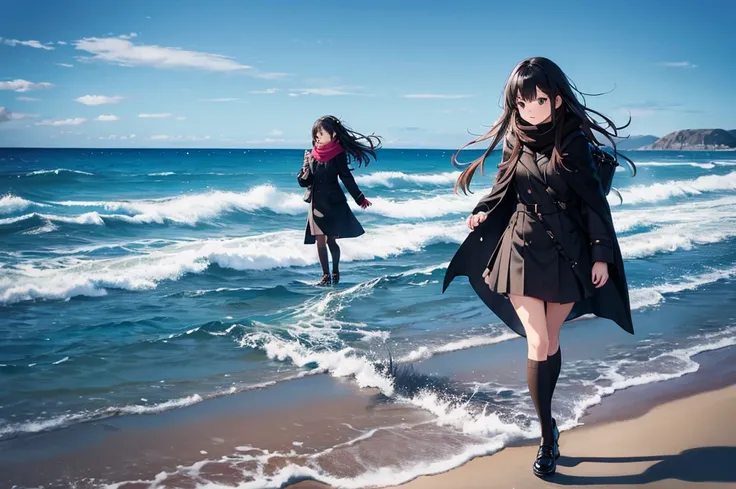 High image quality, high resolution, smooth gradation, vivid colors, a scarf, a black cloak, a black student uniform, black stockings, black lace-up shoes, school bag, black hair, a high school girl, Clear winter sea, quiet sandy beach, walking with hair b...