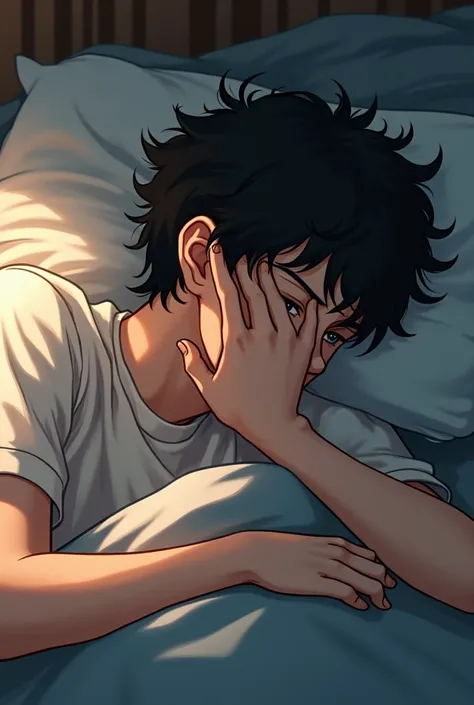  guy with a casual dress laying in bed . Black fluffy hair. Covering face with hand