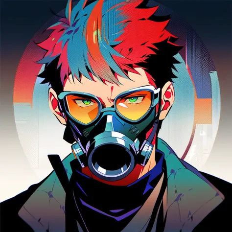  1 boy ,male focus, An Attractive 20-Year-Old Man ,Illustration, VERY CLOSE UP - EYES , Wears a Gas Mask and Goggles ,GREEN EYES AND HAIR , Silhouette of a Pachislot reel with the mouth of the gas mask and goggles drawn, Eyes Shining in a Rainbow Color , J...