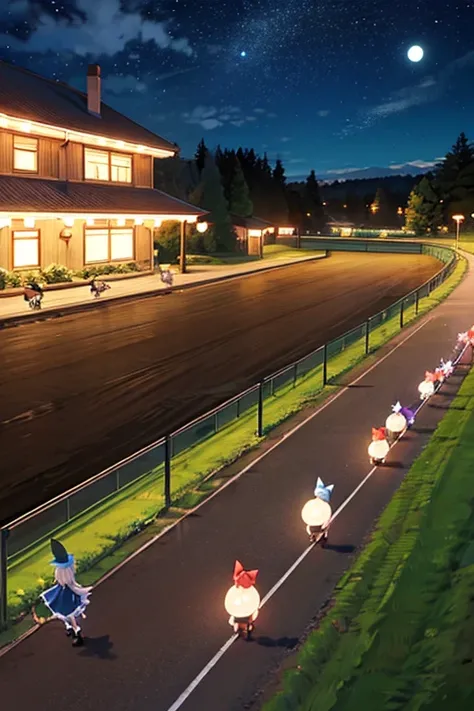 cirno(touhou) A herd of Cirnos are playing with thoroughbreds at the racetrack at night.