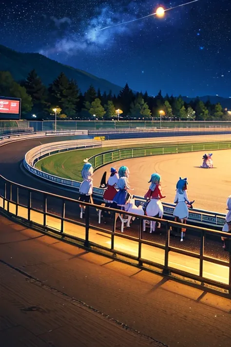 cirno(touhou) A herd of Cirnos are playing with thoroughbreds at the racetrack at night.