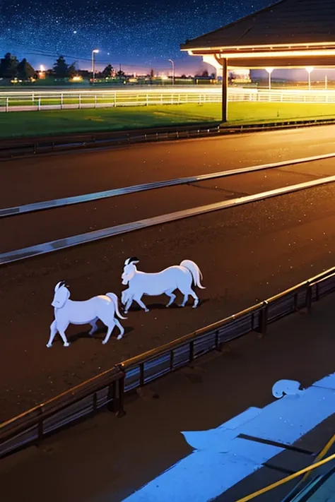 cirno(touhou) A herd of Cirnos are playing with thoroughbreds at the racetrack at night.