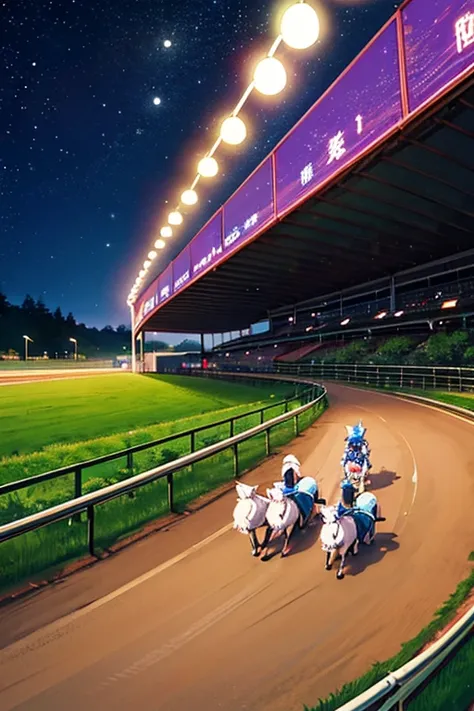 cirno(touhou) A herd of Cirnos are playing with thoroughbreds at the racetrack at night.