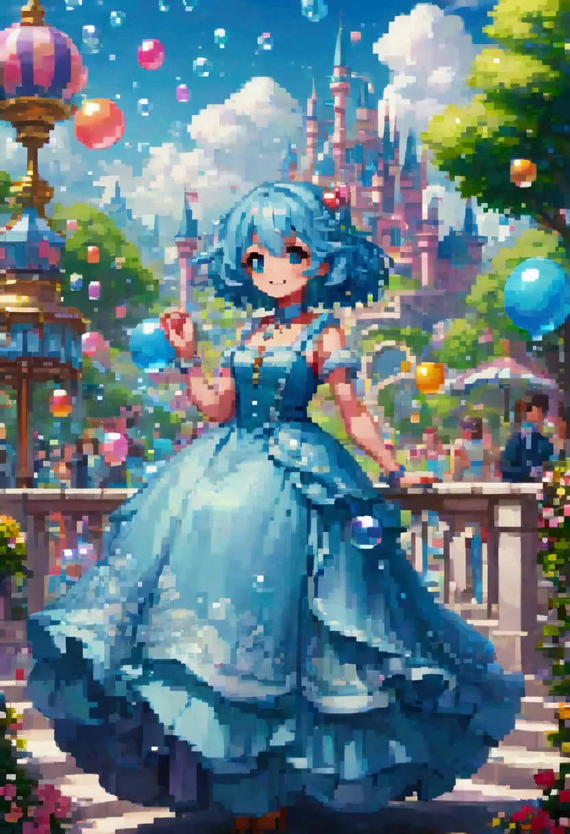 detailed colorful fantasy amusement park, magical bubbles floating everywhere，pixel art, low resolution,  block , pixel art风格, 8...