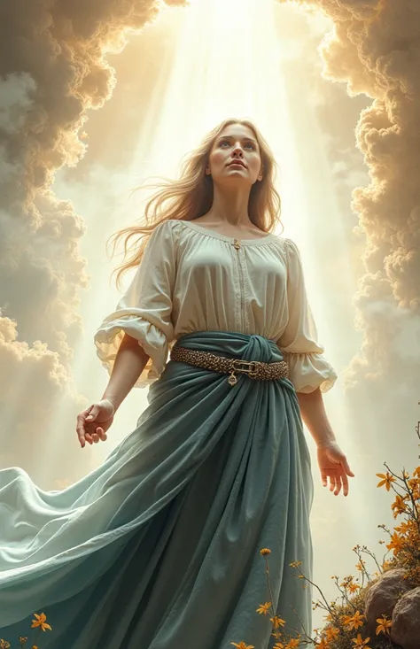 The soul of a woman just dressed stands in the light , Gods grace pours from heaven ,  from heaven ,  the light floods the woman almost concealing her from view,  The girl is bathed in this warm light ,  the soul is getting ready to ascend to heaven 