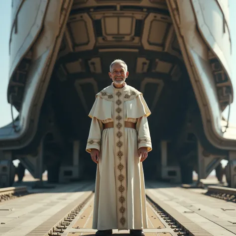 front view of a smiling 55yo caucasian catholic missionary preacher ((standing on the ramp of the huge landed cargo spaceship))