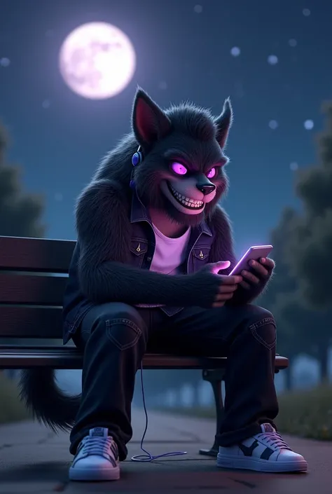 Image: 1 3D werewolf, hairy, black and happy with purple eyes. Position: Sitting on a bench, with one leg straight and the other bent with the foot under the bench. Wearing: Black denim jacket, white shirt inside, wide black pants (with pockets on the side...