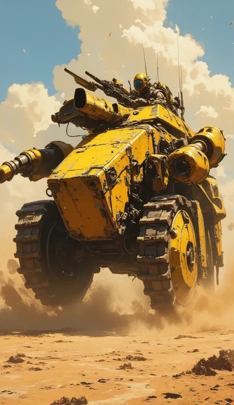  1( close-up of a tank weapon equipped with a drill ,   a soldier piloting a fictional World War II drill weapon),  Extremely Fine Details , Dark yellow paint ,  Peeled Paint , weathering, Circuit Technology ,  intricate details, science fiction,  Running ...