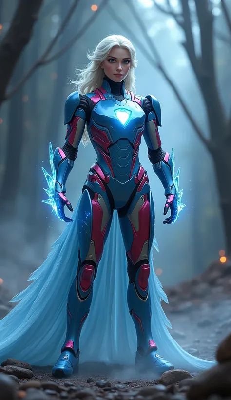 A realistic full-body depiction of a hybrid character combining Elsa from Frozen and Iron Man, standing confidently in a dark, mystical, and dense atmosphere. The character features a sleek, icy blue and metallic red armored suit blending elegant frost pat...