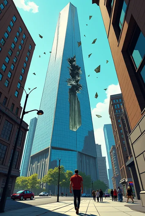 A skyscraper with its destroyed window,  perspective of someone walking down the street.  looking up . comic book style.