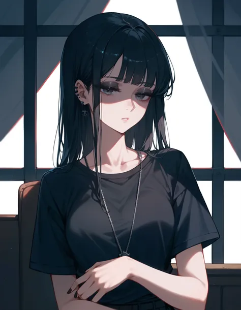 (Masterpiece), (best quality), (high quality), anime, school, 1girl, goth girl, (depressed look), half closed eyes, (detailed eyes), dark hair, straight hair, detailed, best quality shadows, highest resolution, 4k