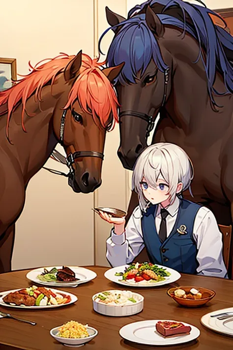 anthro male horses having a meal, stilage