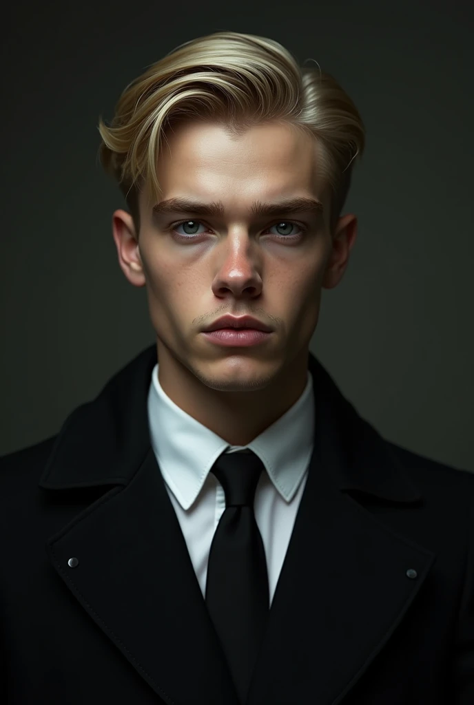 The young man is tall and has fair skin, marked by strong, angular features. His face is imposing, with deep gray eyes that convey a mixture of coldness and intensity. He has blond hair, always well trimmed. Matteo dresses impeccably, with dark suits and d...