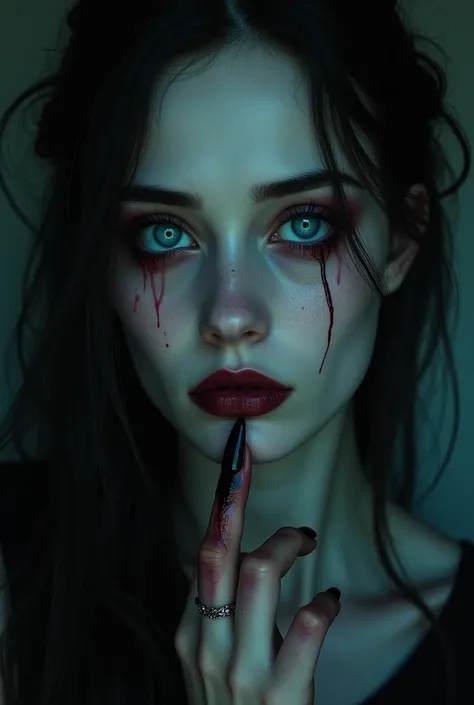 ((masterpiece)), ultra realistic,  portrait of a beautiful naked pale skinned vampire girl with (Black enamel), deep dark makeup,  bright blue eyes , in a dark and gloomy setting . ( Portuguese clue )