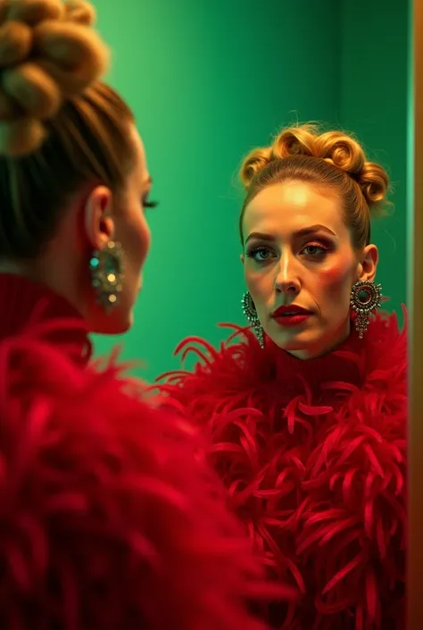  a woman in a red feather dress is looking at her makeup, Big earrings and queer makeup, behind the scenes , behind the scenes  photo,  vivian Westwood ,  inspired by Bert Stern ,  inspired by Bernd Fasching , Vivienne Westwood, theater dressing room ,  lo...