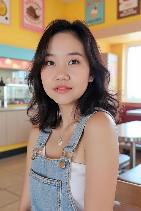 Portrait Korea Girl look at camera, long hair, Overalls, Retro ice cream parlor with pastel-colored walls, a classic soda fountain counter, and vintage ice cream posters, bathed in warm sunlight, analog film photo, Kodachrome, perfect shape, layered portra...