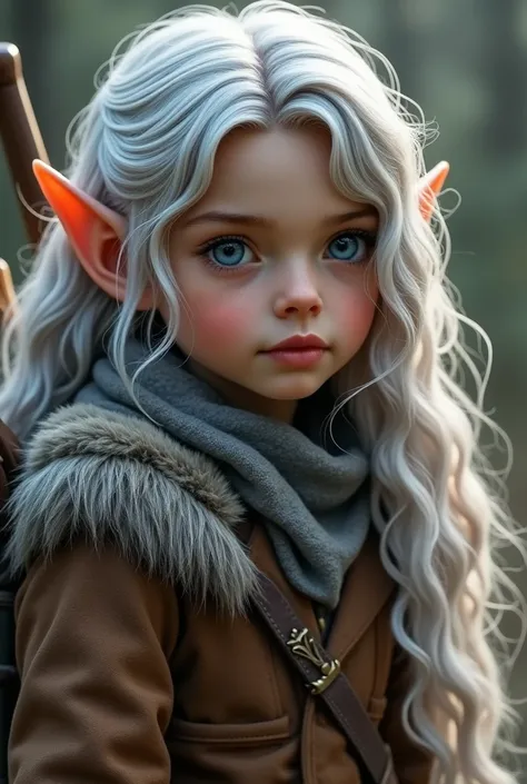  elf boy with pointy ears brown skin white hair dark blue eyes wearing a brown overcoat archery equipment shoes and very beautiful wavy silver hair to the shoulder in front 