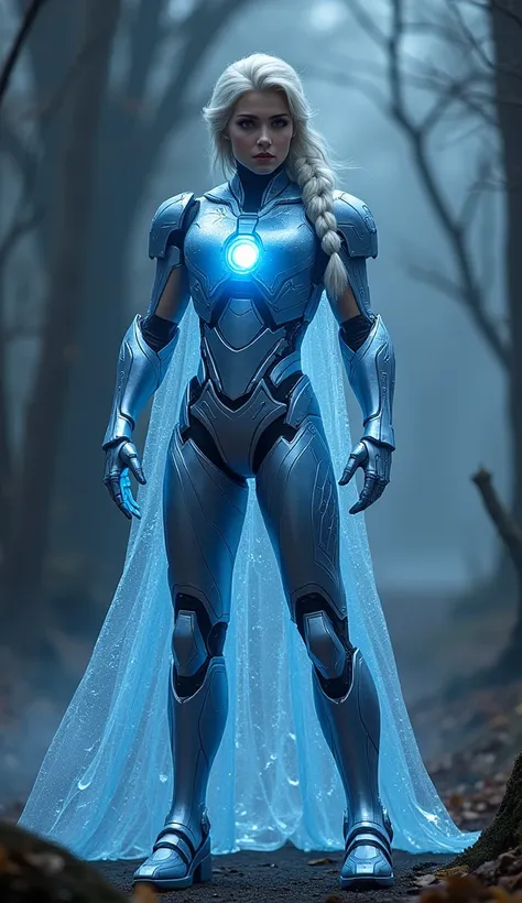 A realistic full-body depiction of a hybrid character combining Elsa from Frozen and Iron Man, standing confidently in a dark, mystical, and dense atmosphere. The character features a sleek, icy blue and metalic armored suit blending elegant frost patterns...