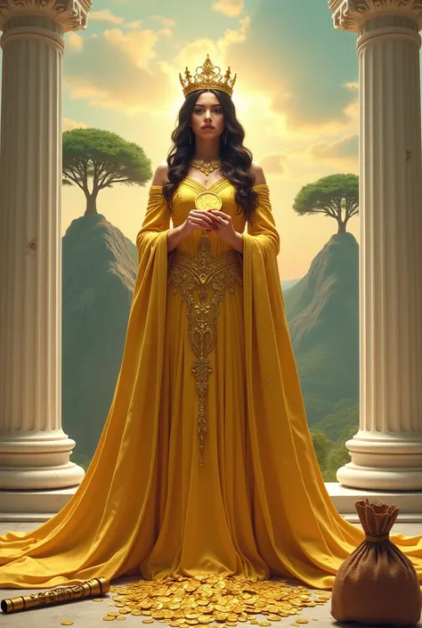 This is the queen of golds the queen of golds is a woman of unparalleled beauty, very pretty, very beautiful. She has a large gold coin on her hands and a gold crown on her head, but she has a heart, there is a white column on stage, there is a flute throw...