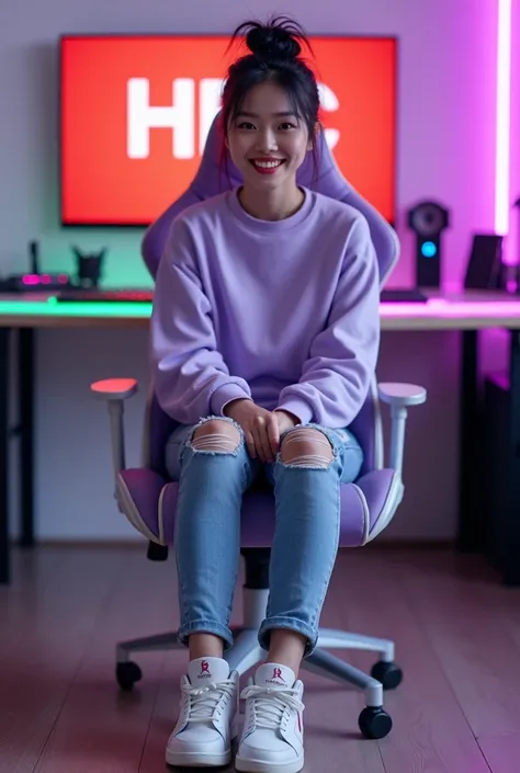 very realistic, HD 8k, beautiful  Asian woman, light purple hair bun, wearing a light purple cyian and white gamer jersey With ripped jeans and white Jordan shoes, sitting on a white and purple gaming chair, smiling at the camera, in front of her there is ...