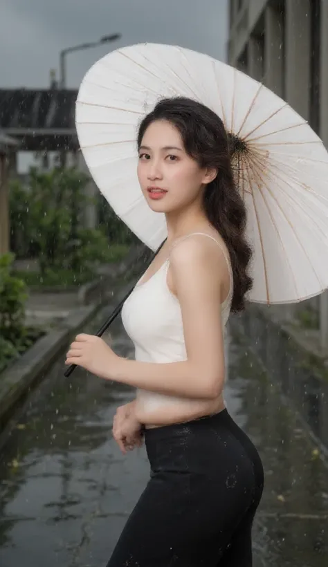 A hyperrealistic depiction of a indonesian young woman. he’s looking directly at the viewer with glowing eyes and a confident  expression. The side angle perspective is subtly diagonal, showing her walking under the rain while holding a classic chinese pap...