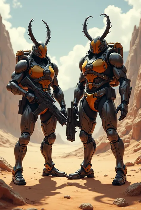 "Two anthropomorphic beetles with muscular, humanoid physiques stand imposingly in a rugged desert mountain landscape. Their exoskeletons are intricately detailed, with a metallic sheen that reflects the harsh desert sunlight. Each beetle is equipped with ...