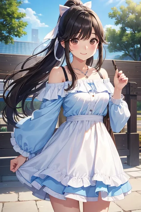 Takane Manaka、  shiny brown long hair、 ribbon ponytail、 beautiful brown eyes 、smile、Sparkling Eyes, (fine grain)、 Highly Detailed Eyes、 very detailed face in light blue underwear,  Highly Detailed Eyes, 
masterpiece,  best quality,  high definition , ( bes...