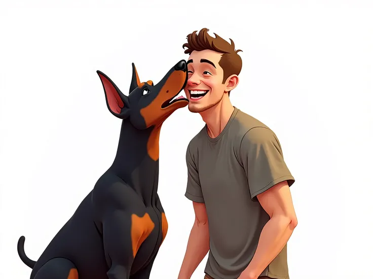 1 guy, 1 dog, Doberman, happy, white background, Accuracy,  Smile , 