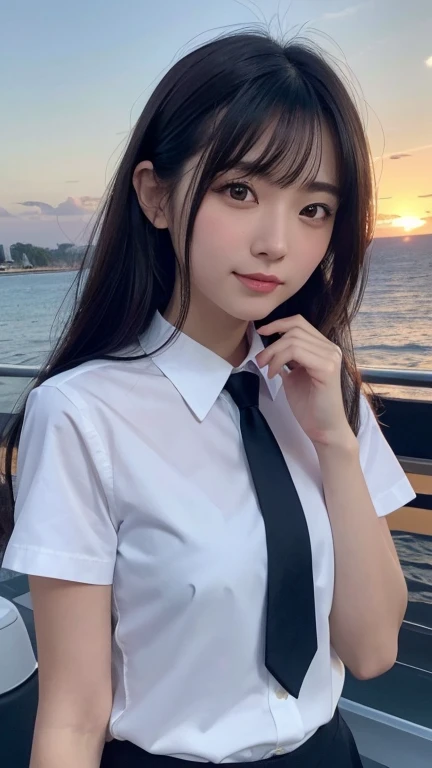 (( beautiful sunset ))、 best quality, shape, 非常に Details,  Details,  high definition , 8k wallpaper,  perfect dynamic configuration , Jet black long hair、 Attention to beautiful details,  Laugh with your mouth closed、Dark brown eyes、 natural lips , (( star...