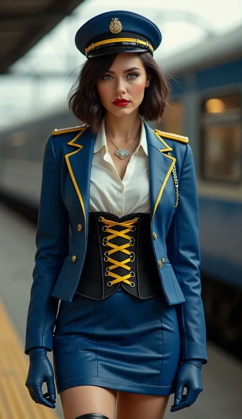 Sea Art 2.0.  The full height of a beautiful girl with a gorgeous figure 38-40 years old ,  bob car hairstyle , she is a train conductor ,  she stands near the passenger train on the train station , plump lips,  blue eyes ,  red lipstick ,  precious neckla...