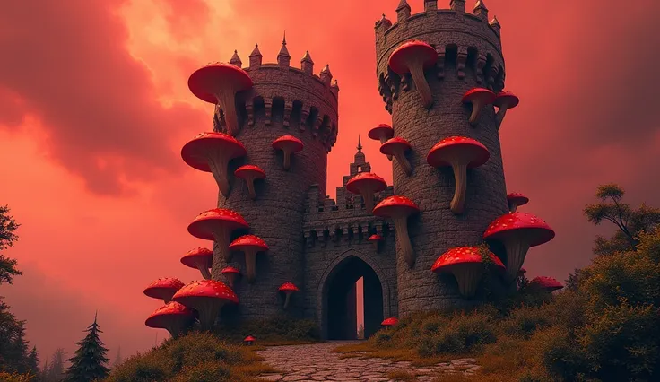 Mushrooms wrapped around the twin medieval tower, a castle inspired from Red Queen in Alice in Wonderland, red sky.
