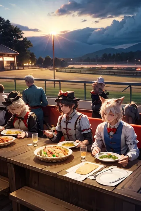 anthro male horses having a meal, stilagecirno(touhou) A herd of Cirnos are playing with thoroughbreds at the racetrack at night.