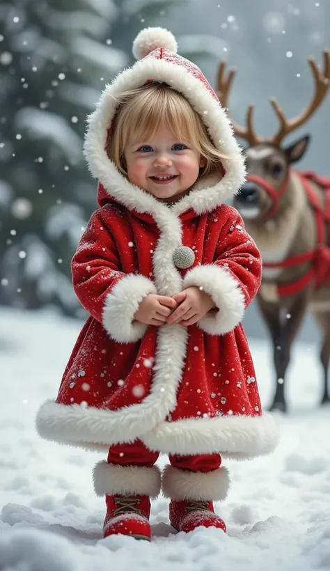 An oil-painted hyper-realistic image of a cute, blond, smiling baby,  the baby is extremely cute with a cheerful smile , wearing a very furry and soft Christmas costume dress,  the costume imitating a round dress ,  the costume hoodie is thrown around her ...