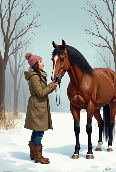 Illustration of an adult woman standing next to her in winter and feeding her carrots