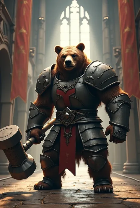  Imagine in 4k a grizzly bear wearing metal plates holding a war hammer, ready to crush your enemies ,  massive and imposing ,  with its body covered by defined muscles and eyes shining with determination.  He is in the middle of a grand medieval castle , ...