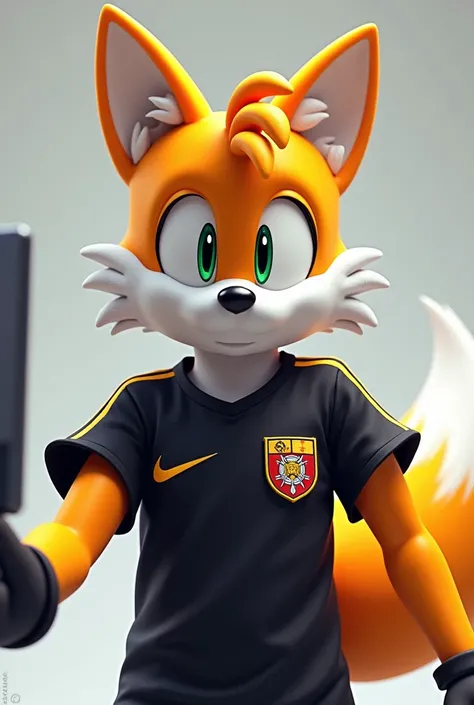 Sonics Tails wearing an official Vasco da Gama black jersey taking a selfie camera view 2d digital art