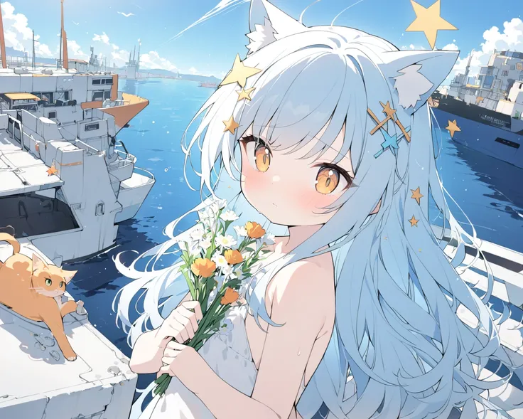 1 girl, Long hair,  with horse hair,  light blue hair ,  best quality ,  protagonist , cute, Young girl, , stick a star-shaped hairpin on the head,  yellow-orange eyes, bright, White swimsuit, shy, Cat ears, Holding flowers, High angle, port,nude