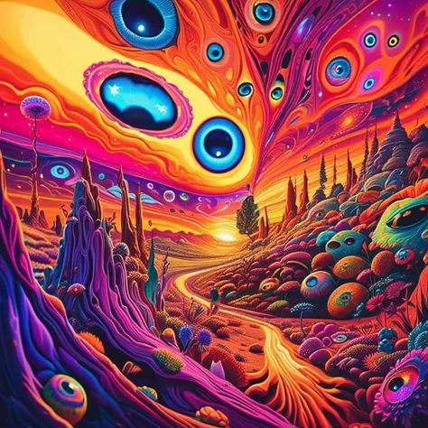 Just a beautiful psychedelic image of life ,  with lots of colorful and flashy alien eyes