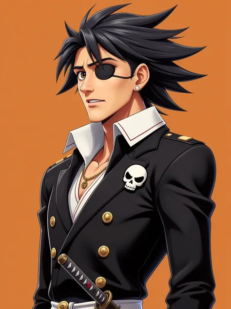 A highly detailed anime-style character portrait of a tall and imposing man with sharp features and a strong jawline. He has spiky black hair with exaggerated, elongated strands extending backwards, adding to his bold appearance. The man wears a black eyep...