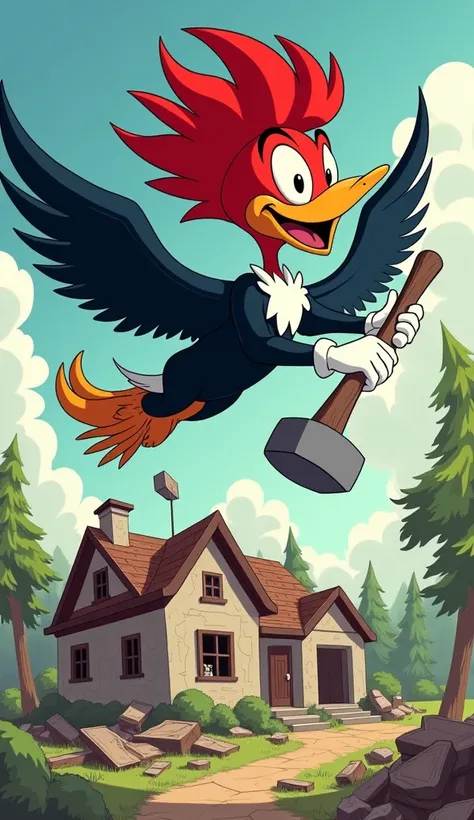 Woody Woodpecker hovering over a ruined house, debris scattered on the ground and a cruelly satisfied expression on his face. He holds a sledgehammer with one wing, symbolizing the destruction he caused.