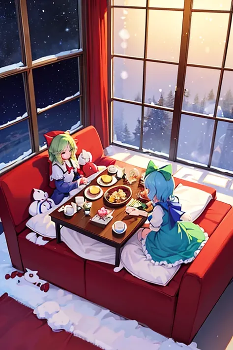 anthro male horses having a meal, stilageCirnos Group (Touhou) Cirno and friends are sleeping in cute beds in a fancy room with lots of stuffed animals and cute animals on a cold, snowy winter night.