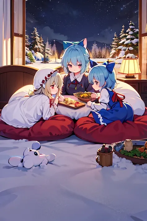 anthro male horses having a meal, stilageCirnos Group (Touhou) Cirno and friends are sleeping in cute beds in a fancy room with lots of stuffed animals and cute animals on a cold, snowy winter night.