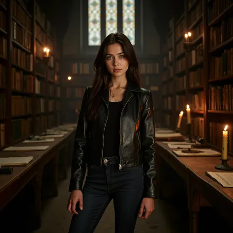 A young woman with dark brown hair with natural reflections, smooth and very long ,  that frames a face with delicate features and intense green eyes ,  she is standing in the middle of a gloomy and desolate library .  Her full lips remain closed in a seri...