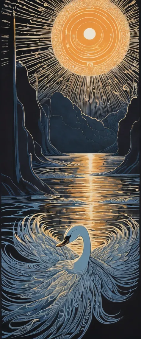 The swan of Tuonela in the Finnish epic poem "Kalevala" floats on a pitch black lake, the swan is radiating with a light that seems like life is burning from its entire body,